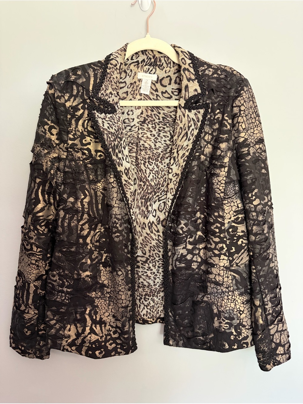 Chico's Open Blazer Jacket Size L (2) Black Distressed Glam Goth Animal Print